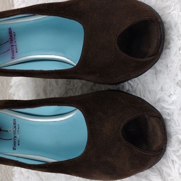 Thierry Rabotin Vintage Brown Suede Leather Almond Peep Toe Blocked Heel Shoe - Picture 13 of 15